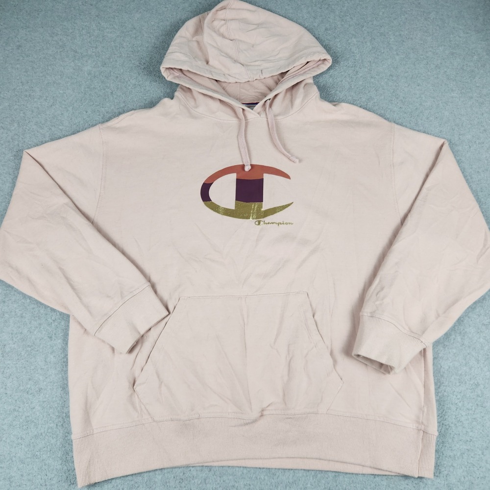 Champion Hoodie Mens 1X Pink Graphic Logo Fleece Lined Long Sleeve Athleisure